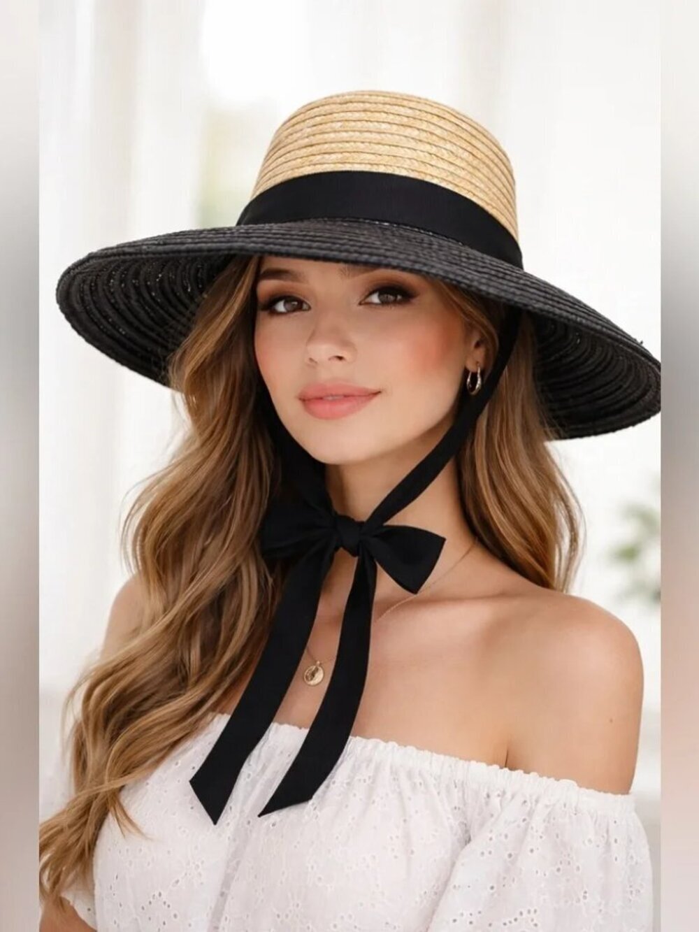 New Wyeth 100% Straw Wide Brim Adjustable Black Ribbon Tie Black/Tan Hat NWT